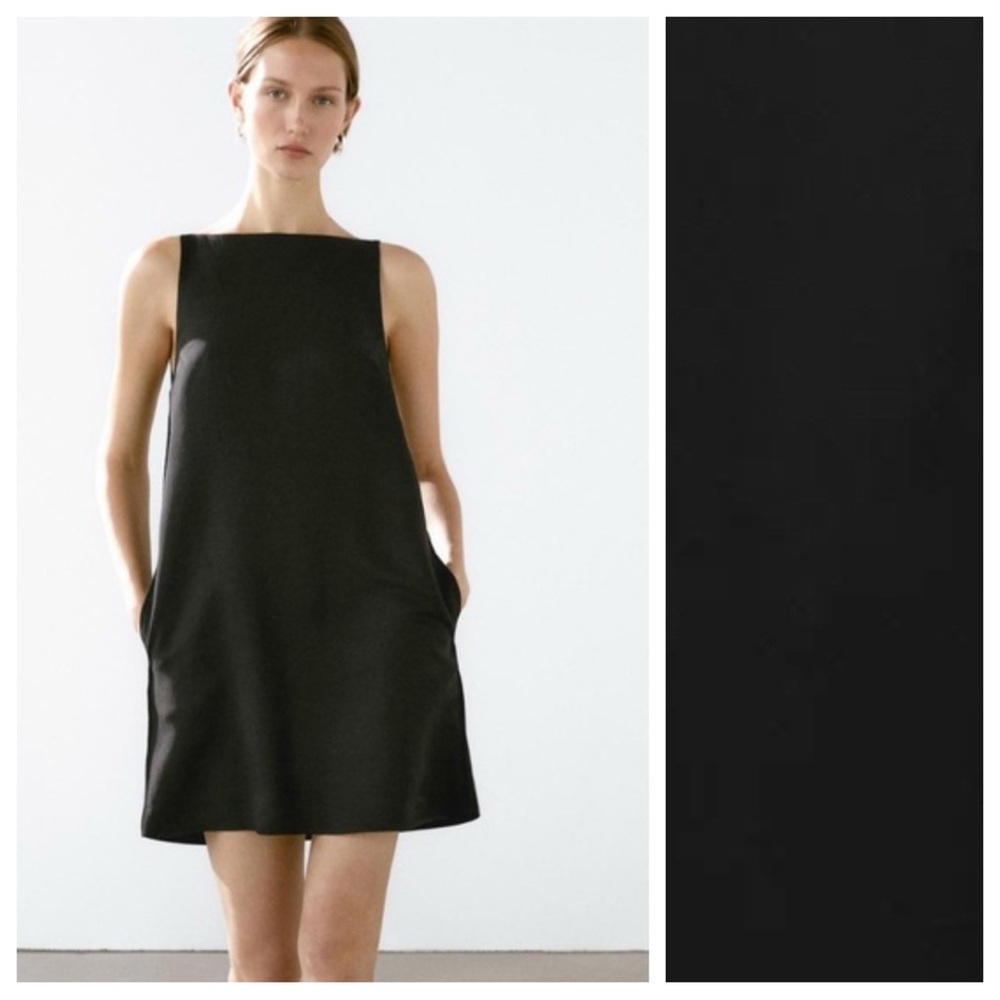 NWOT. Massimo Dutti Black/Viscose Blend Linen Mini Sleeveless Dress. Size 6.